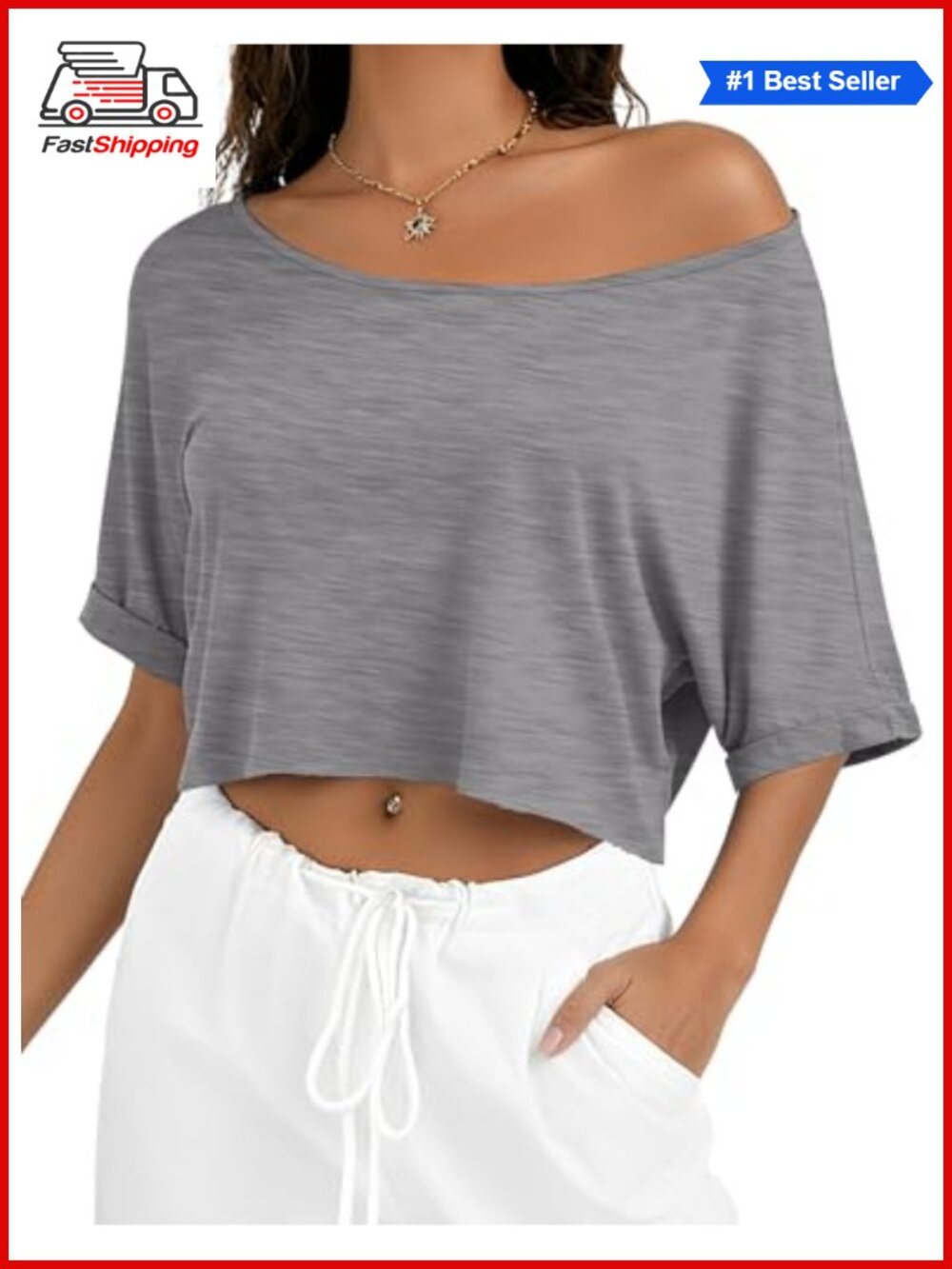 Off Shoulder Crop Top Short Sleeve Asymmetrical Neck Women's